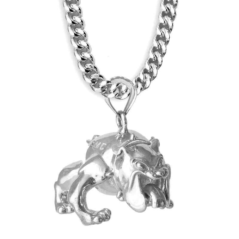 USMC Devil Dog Pendant With Curb Chain, Sterling Silver