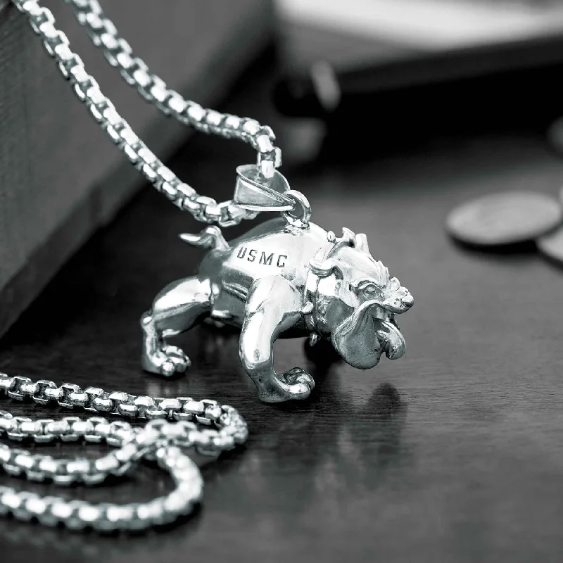 USMC Devil Dog Pendant With Box Chain, Sterling Silver