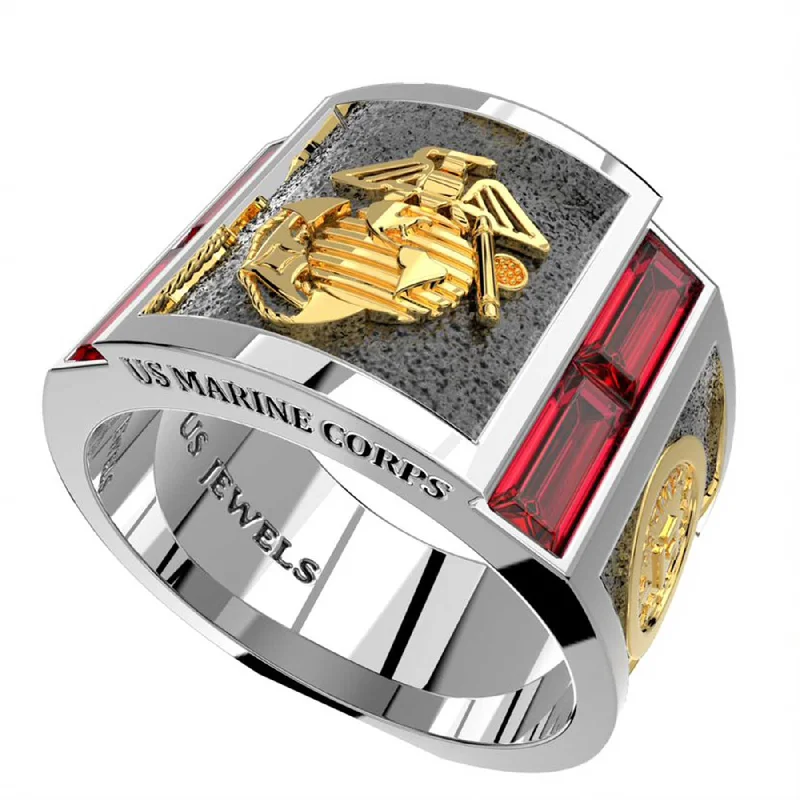 USMC Sterling Silver and 14K Gold Ring With EGA and Synthetic Rubies