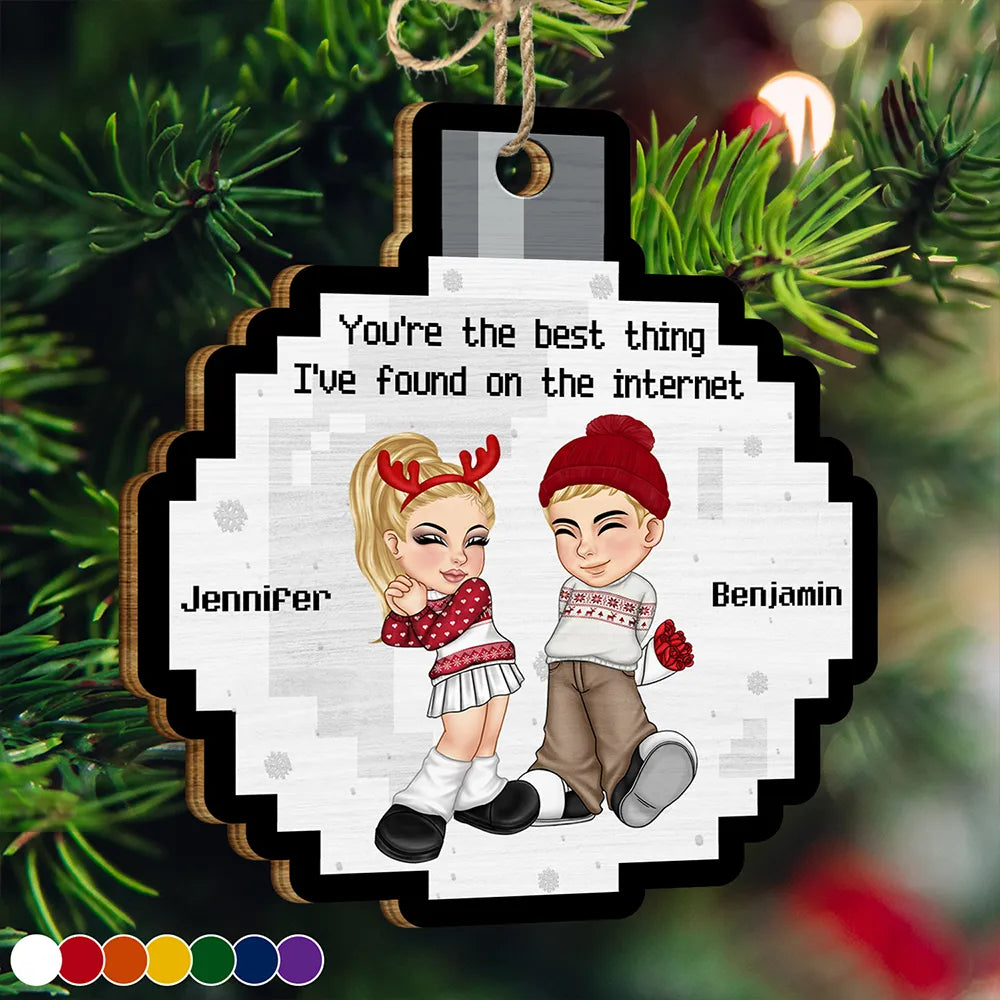 8-Bit Y2K Couple Best Thing On The Internet - Personalized Custom Shaped Wooden Ornament