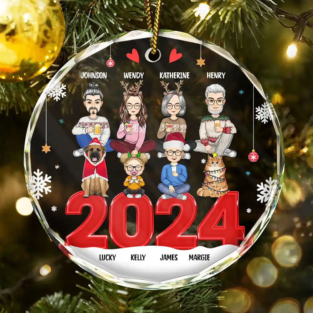 All Family With Dog Cat - Personalized Circle Glass Ornament