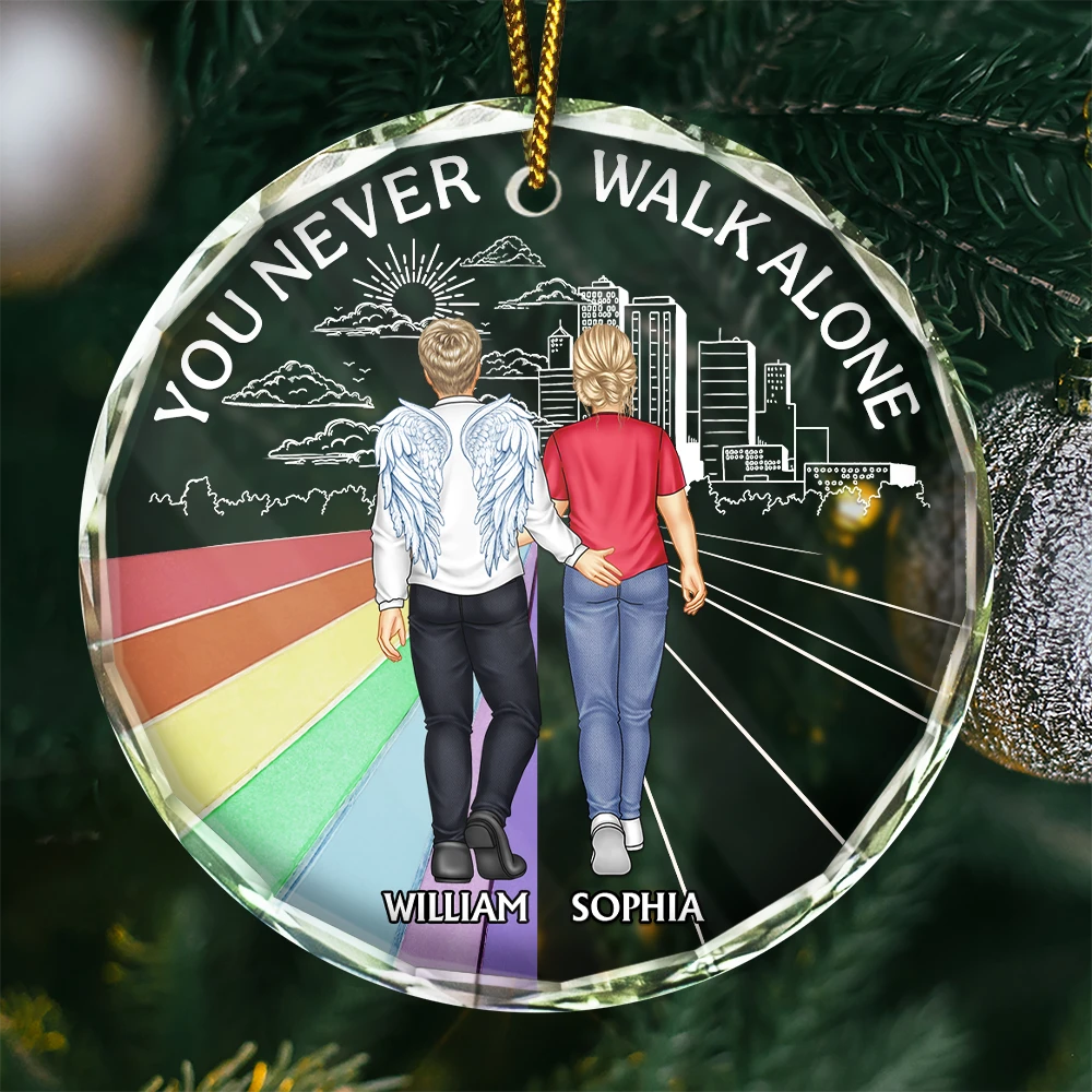 Backside Memorial You Never Walk Alone - Personalized Circle Glass Ornament