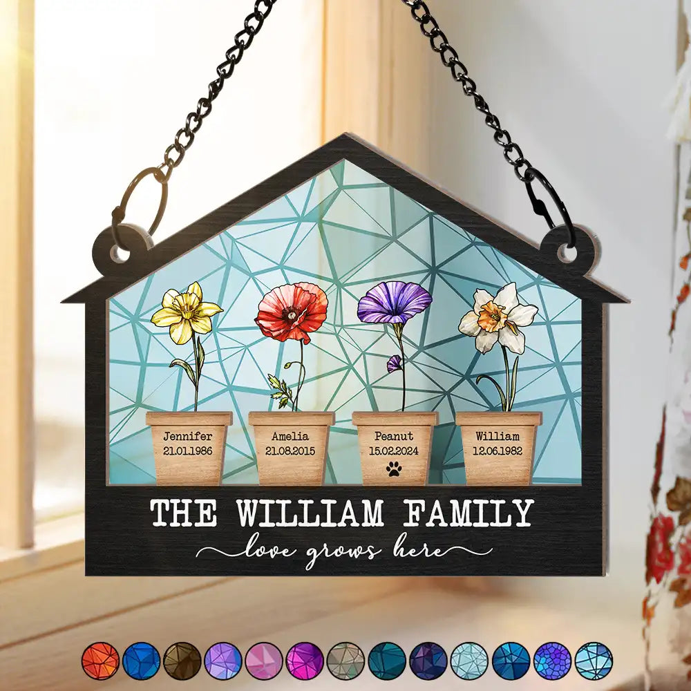 Birth Flower Family Love Grows Here - Personalized Window Hanging Suncatcher Ornament