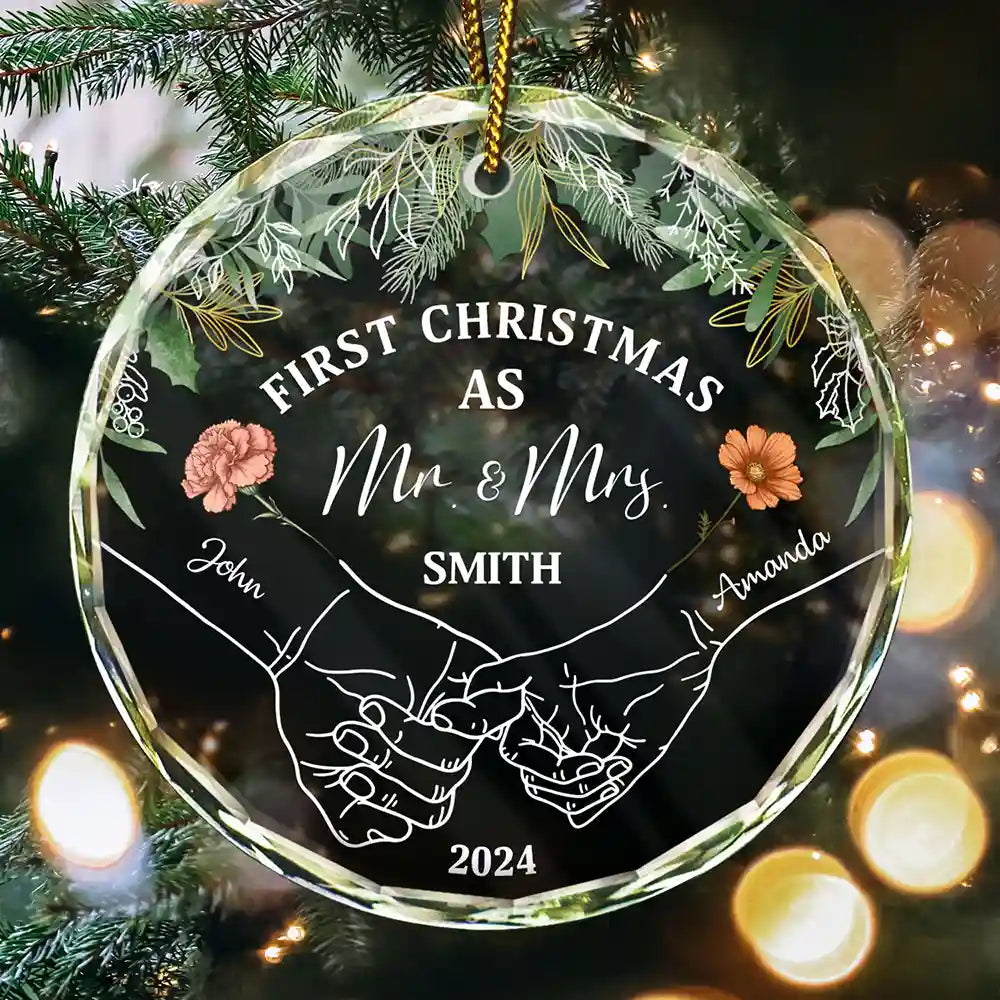 Birth Flower First Christmas Hands Holding - Personalized Circle Glass Ornament