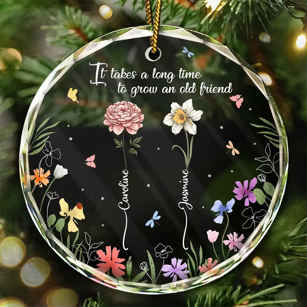 Birth Flower Grow Old Friends - Personalized Circle Glass Ornament