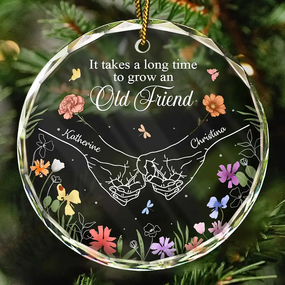 Birth Flower Hands Grow An Old Friend - Personalized Circle Glass Ornament