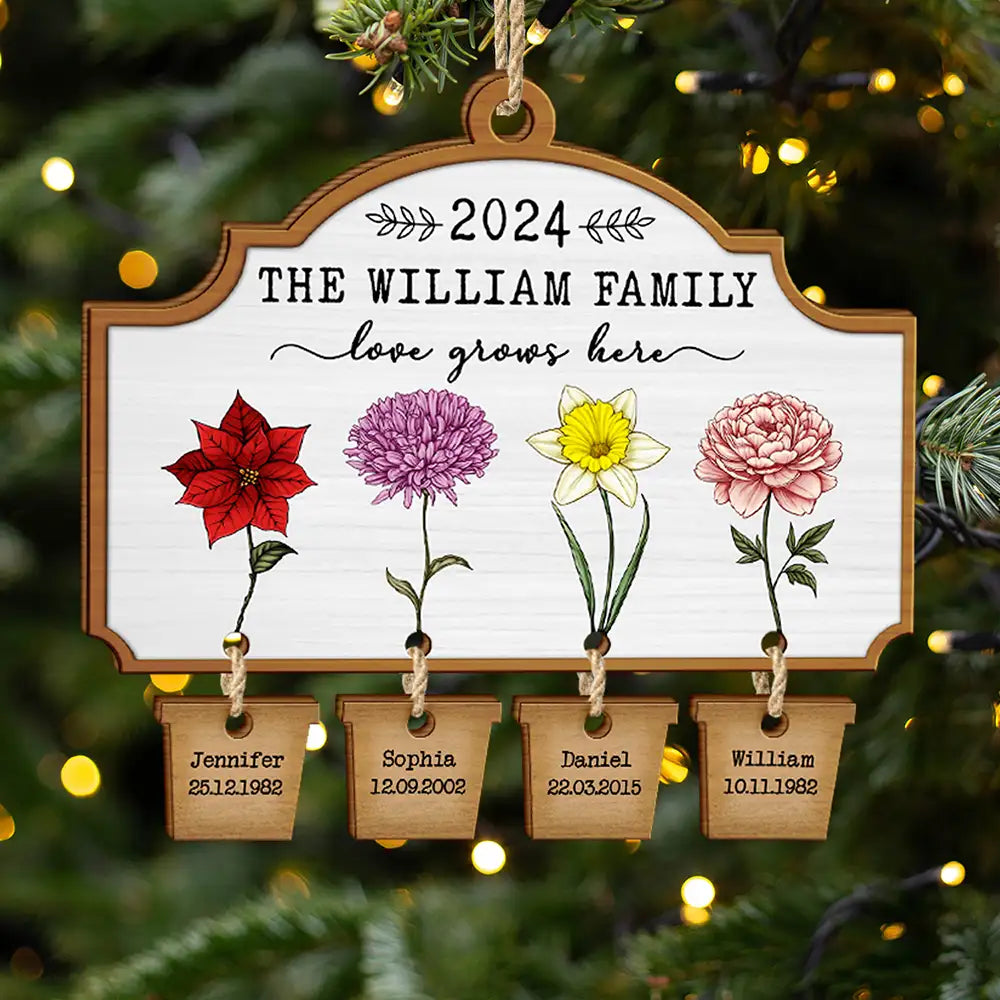 Birth Flower Love Grows Here - Personalized Wooden Ornament With Wooden Tag