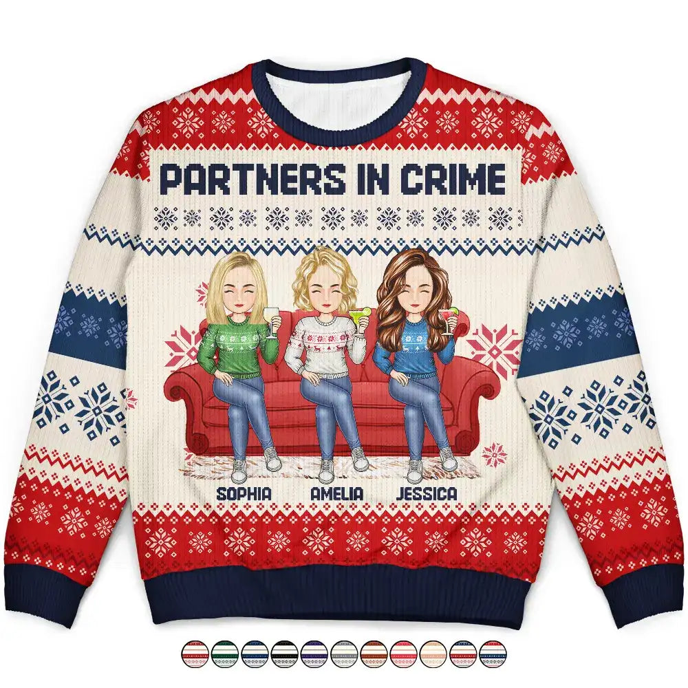 Cartoon Besties Partners In Crime Christmas Friends - Personalized Unisex Ugly Sweater