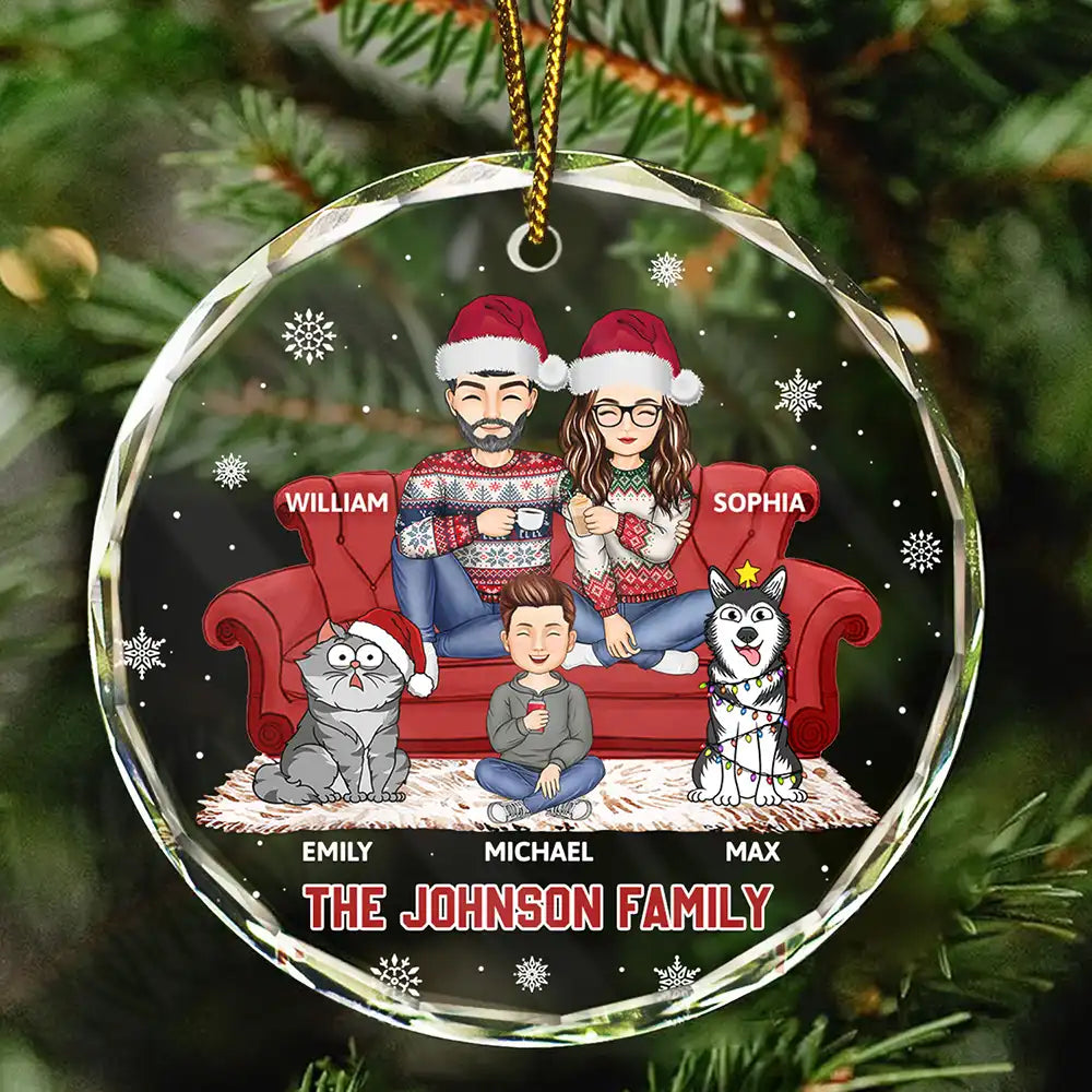 Cartoon Couple With Kids And Pets - Personalized Circle Glass Ornament