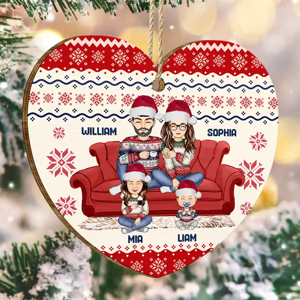 Cartoon Couple With Kids And Pets - Personalized Custom Shaped Wooden Ornament