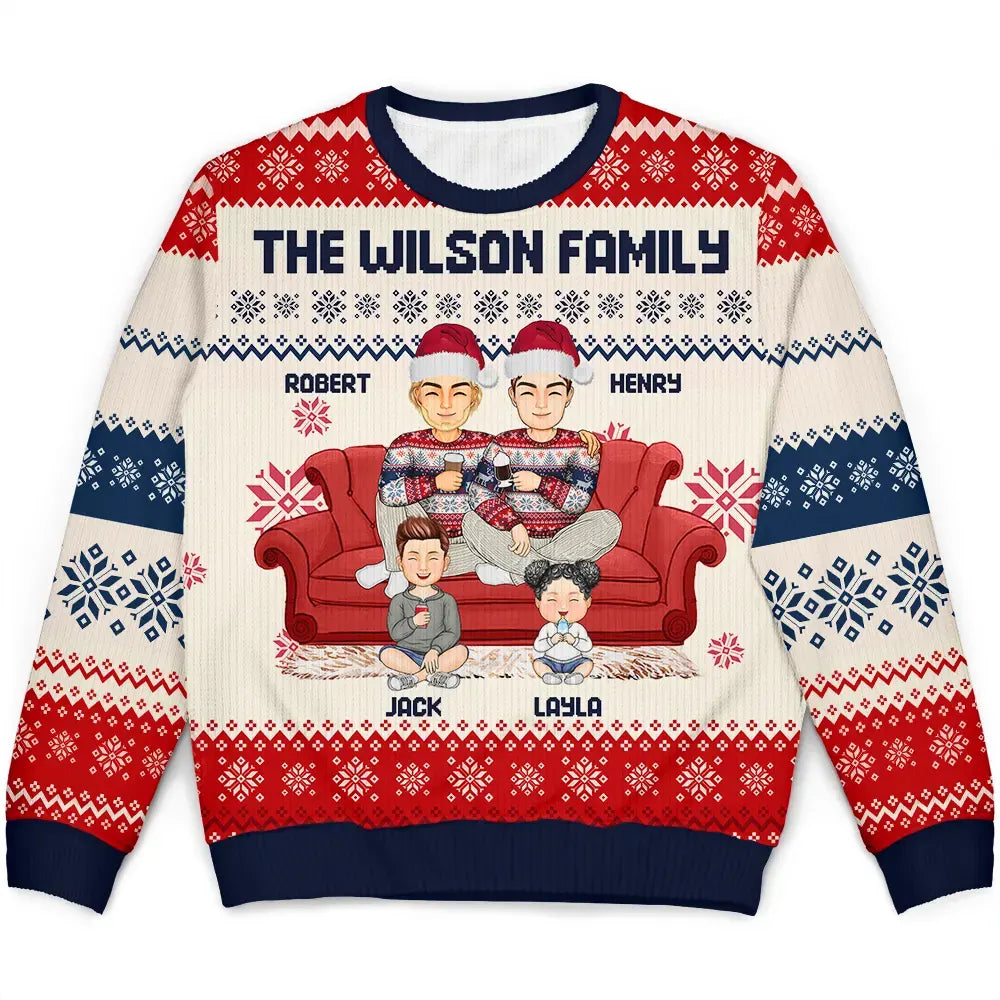 Cartoon Same Gender Couple With Kids And Pets - Personalized Unisex Ugly Sweater