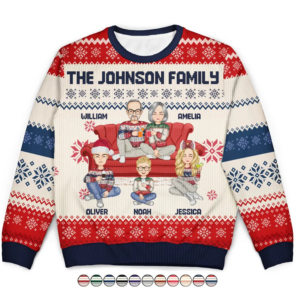 Cartoon Senior Couple With Children - Personalized Unisex Ugly Sweater