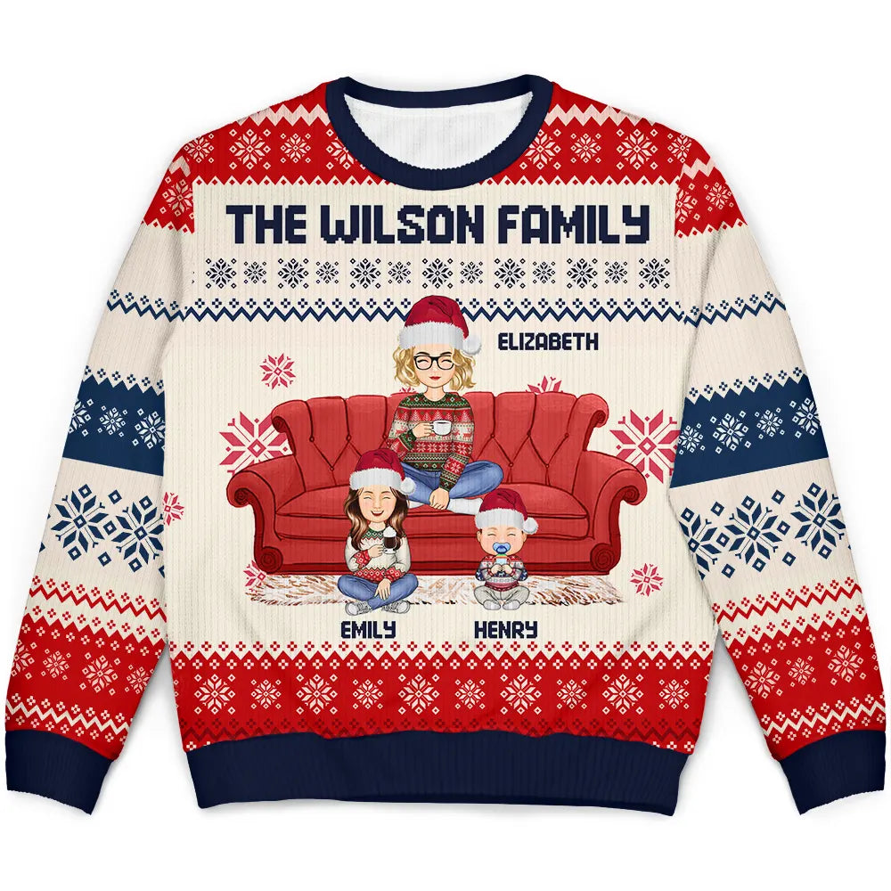 Cartoon Single Mom Dad With Kids And Pets - Personalized Unisex Ugly Sweater