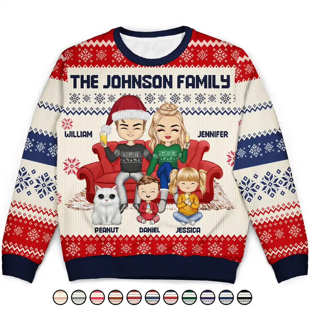 Chibi Couple With Kids And Pets - Personalized Unisex Ugly Sweater