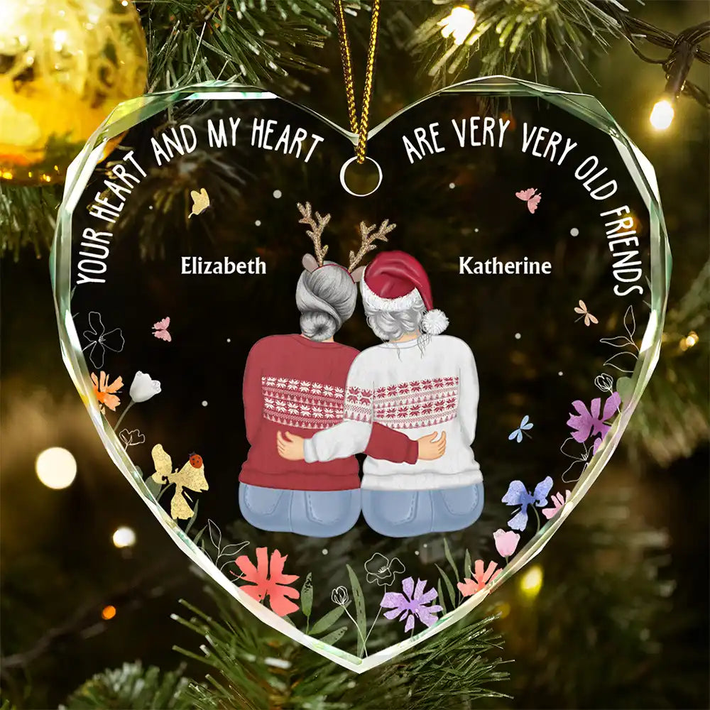 Christmas Bestie Old Best Friends - Personalized Heart Shaped Glass Ornament