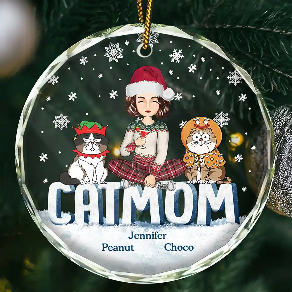 Christmas Cat Mom Cartoon Style - Personalized Circle Glass Ornament