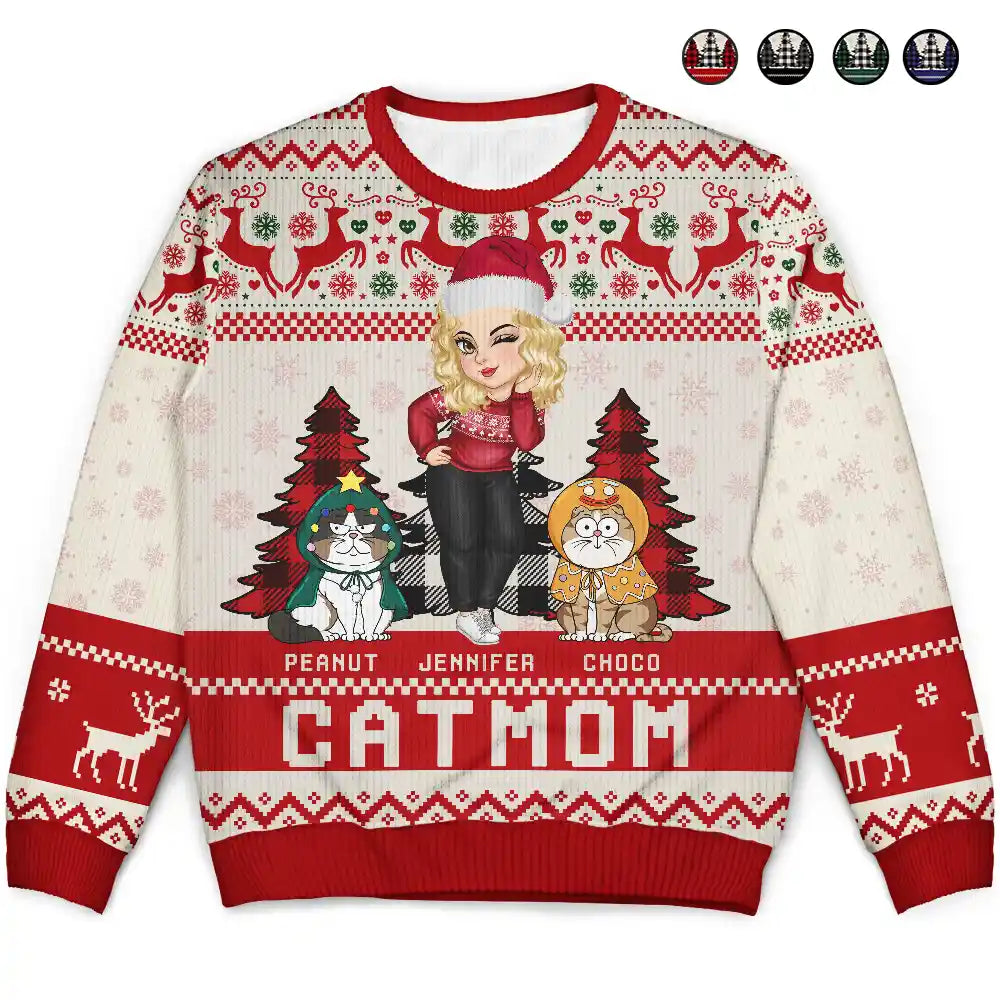 Christmas Cat Mom Funny Cartoon Cats - Personalized Unisex Ugly Sweater