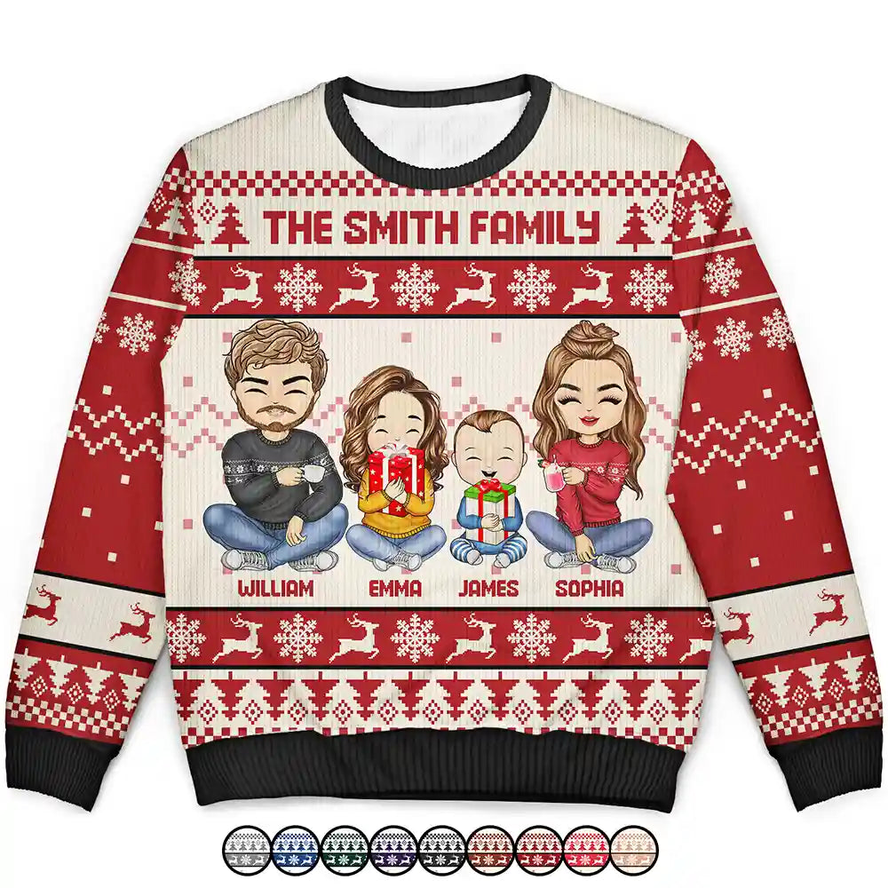 Christmas Chibi Family Holding Gift - Personalized Unisex Ugly Sweater