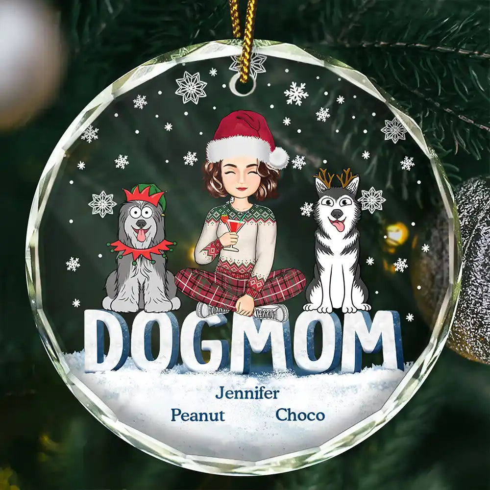 Christmas Dog Mom Cartoon Style - Personalized Circle Glass Ornament