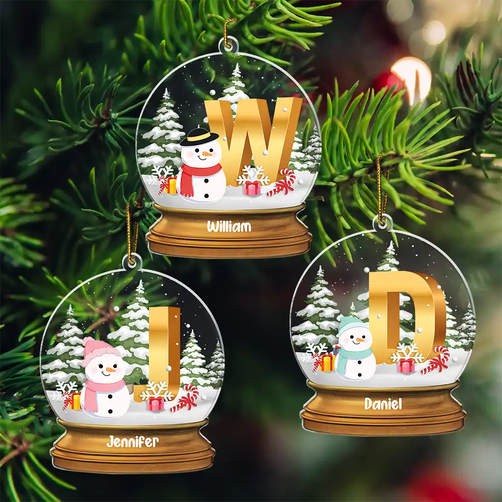 Christmas Monogram Snowman Family - Personalized Custom Shaped Acrylic Ornament