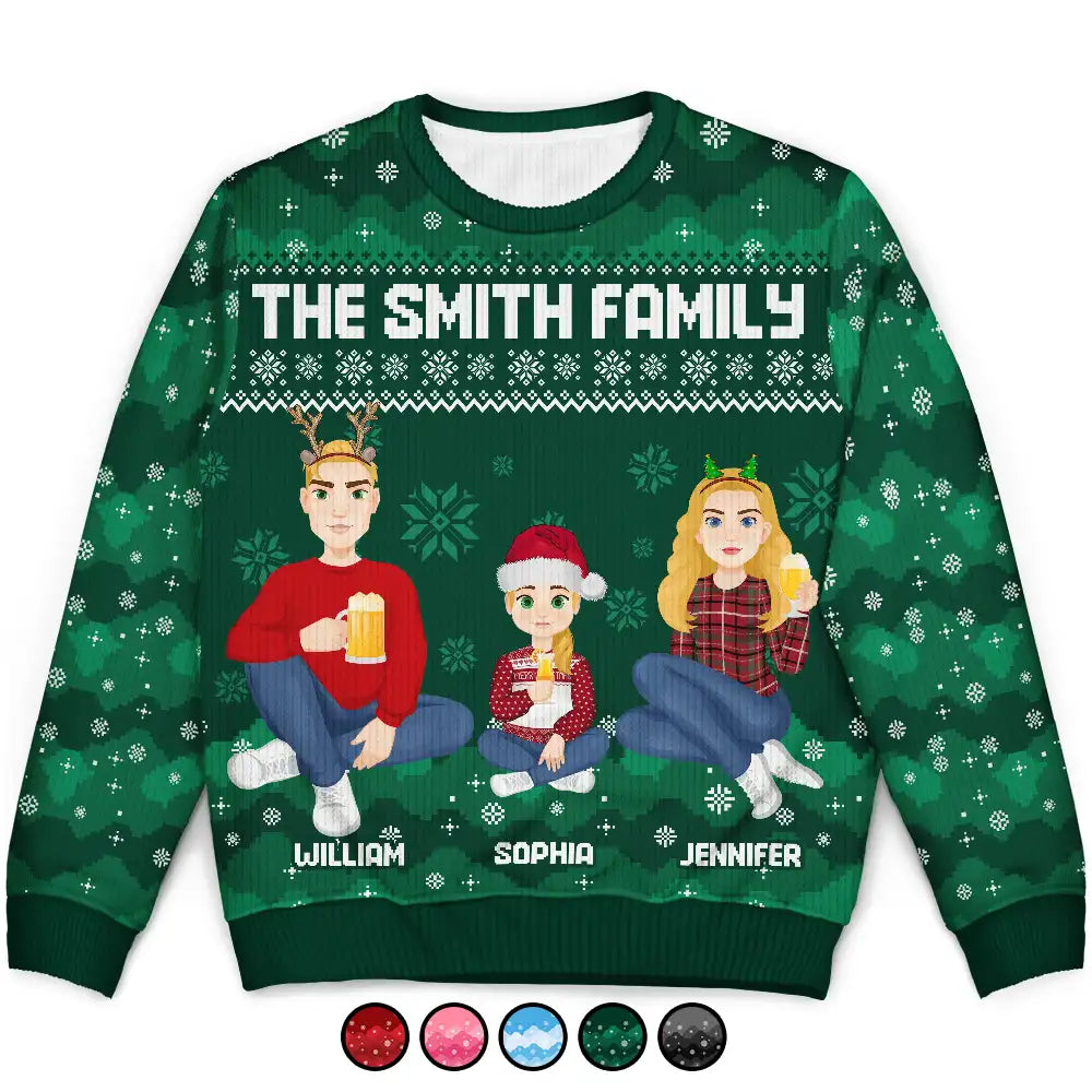 Christmas Pixel Snow Flat Art Family Friends Sitting - Personalized Unisex Ugly Sweater