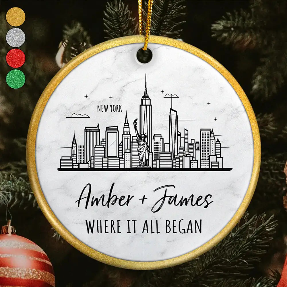 Couple City Skyline Where It All Began - Personalized Circle Ceramic Ornament