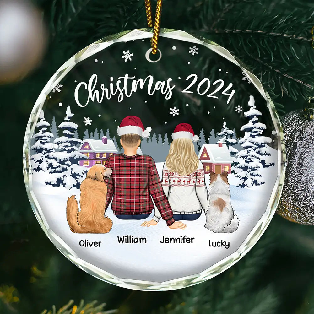 Couple & Pets Christmas 2024 - Personalized Circle Glass Ornament