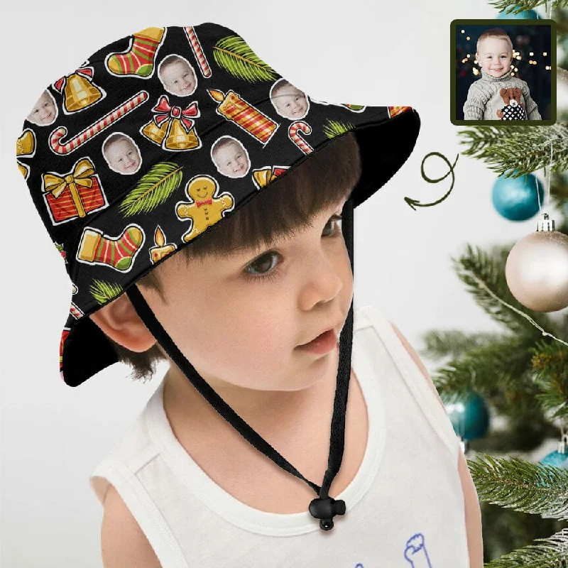 Custom Face Christmas Trinkets Black Background Kid's Bucket Boonie Hat