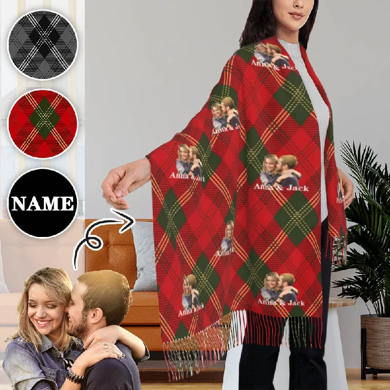 Custom Face&Name Couple Christmas Plaid Stripes Multicolor Women's Tassel Scarf