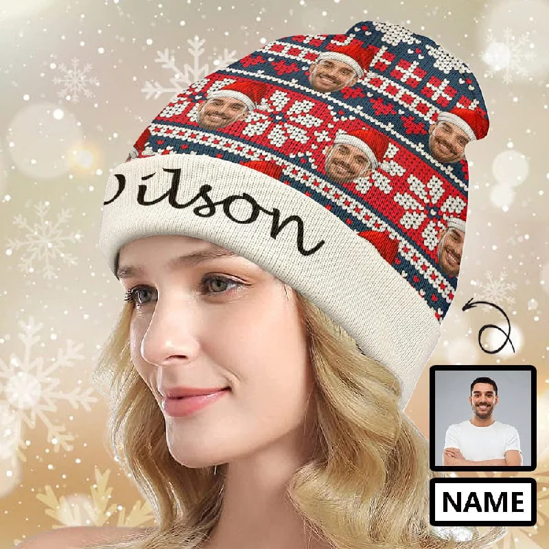 Custom Face&Name Snowflake Christmas Pattern Unisex All Over Printed Knitted Hat