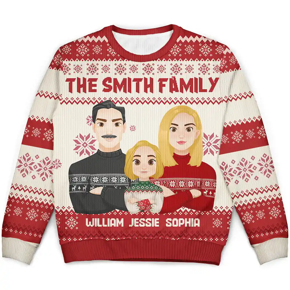 Custom Family Name Flat Art Couple And Kids - Personalized Unisex Ugly Sweater