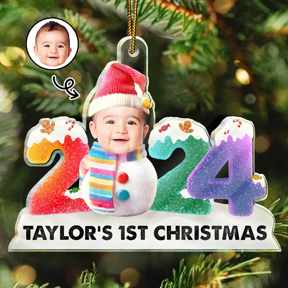 Custom Photo 2024 Sweet Gummy Candy Baby's First Christmas - Personalized Cutout Acrylic Ornament