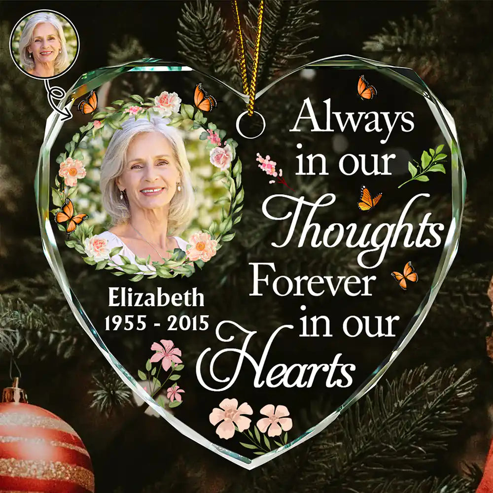 Custom Photo Always In Our Thoughts Forever In Our Hearts - Personalized Heart Shaped Glass Ornament