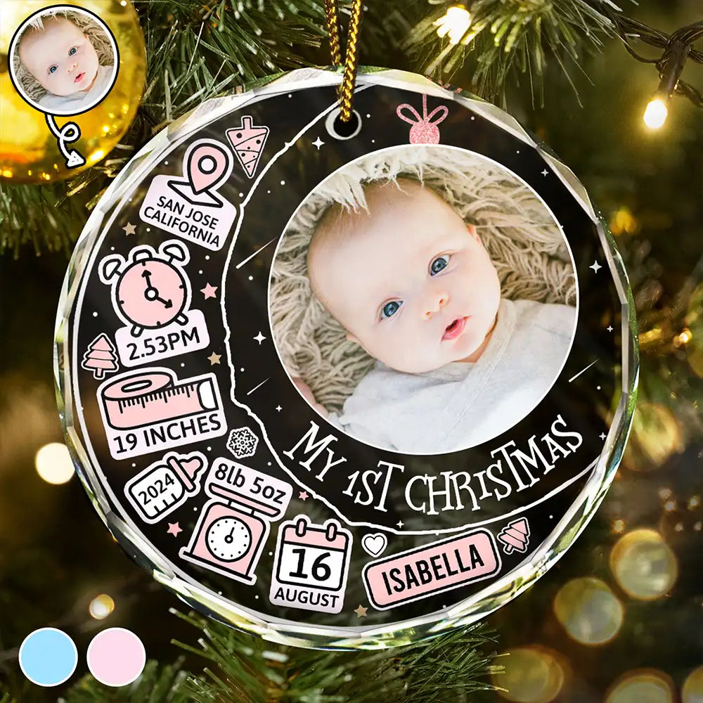 Custom Photo Baby First Christmas Information Icon - Personalized Circle Glass Ornament