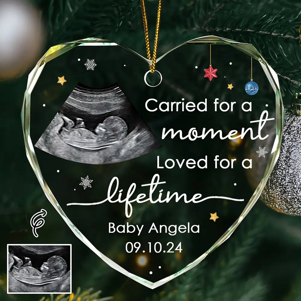 Custom Photo Carried For A Moment Infant Loss Baby Memorial - Personalized Heart Shaped Glass Ornament