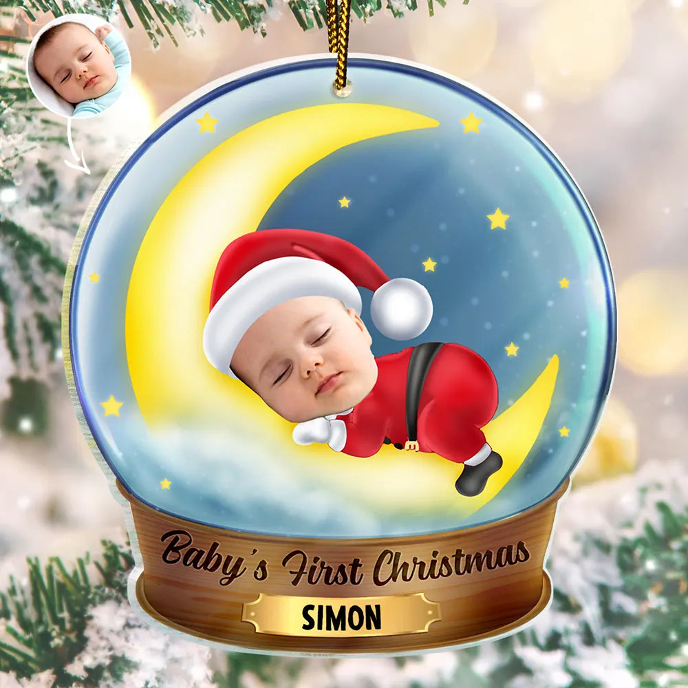 Custom Photo Christmas Baby Sleeping On The Moon - Personalized Custom Shaped Acrylic Ornament