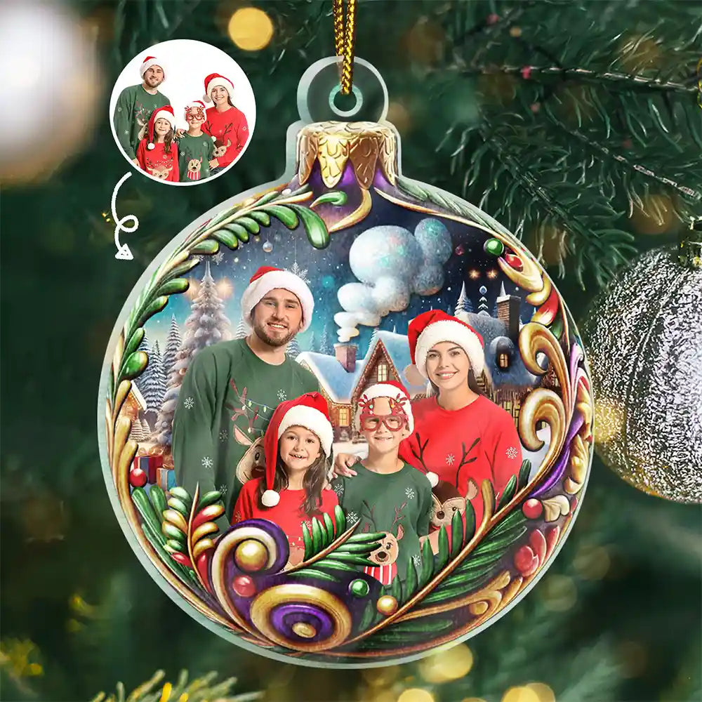 Custom Photo Christmas Ball With 3D Floral Pattern - Personalized Custom Shaped Acrylic Ornament