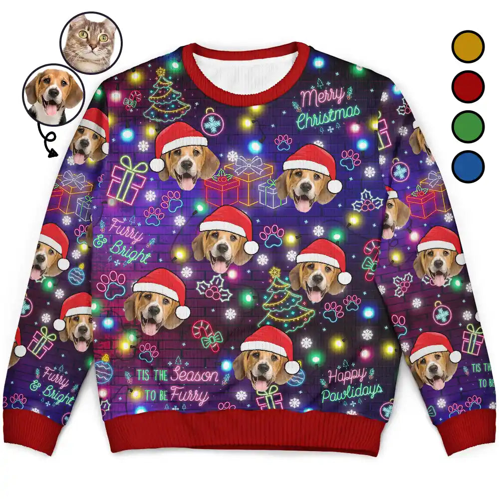 Custom Photo Christmas Dog Cat Neon Light Style - Personalized Unisex Ugly Sweater