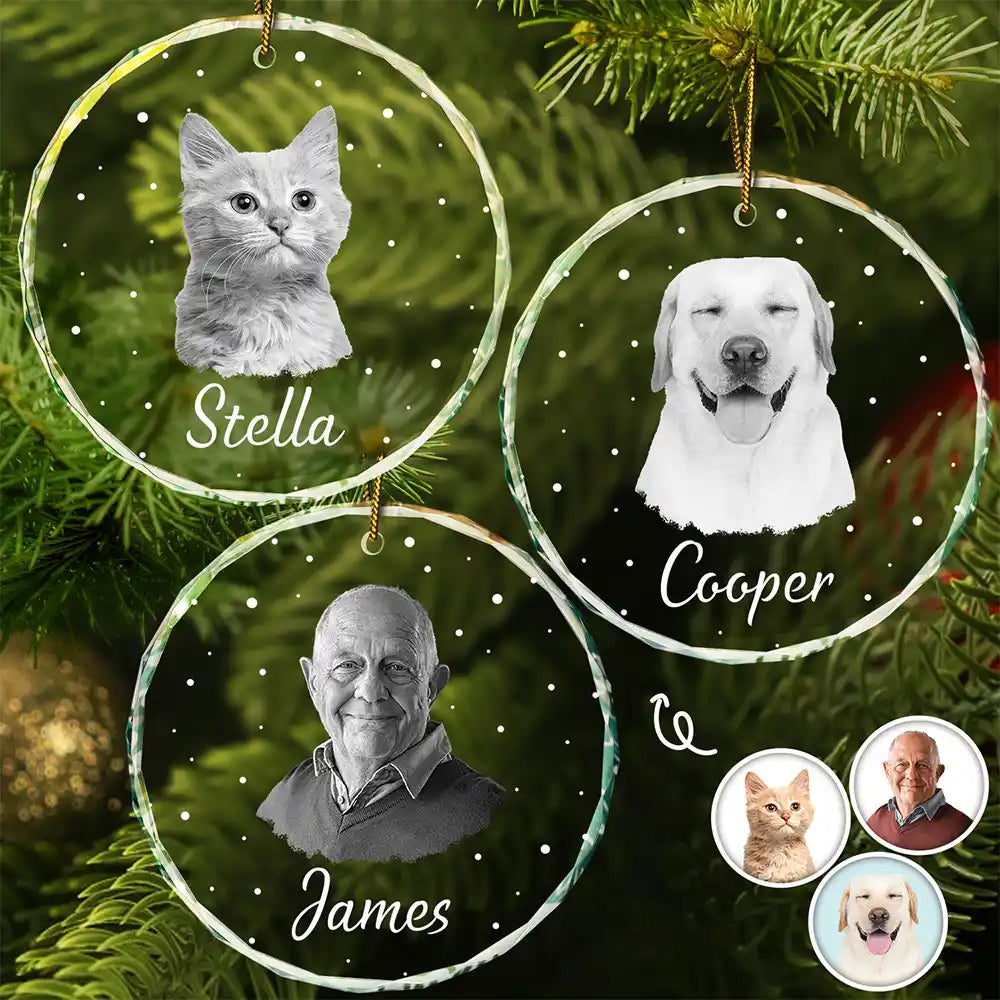 Custom Photo Christmas Gift For Family, Pet Lovers, Bestie - Personalized Circle Glass Ornament