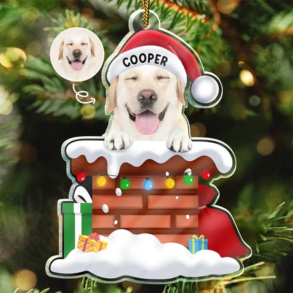 Custom Photo Christmas Santa Dog Down The Chimney - Personalized Cutout Acrylic Ornament