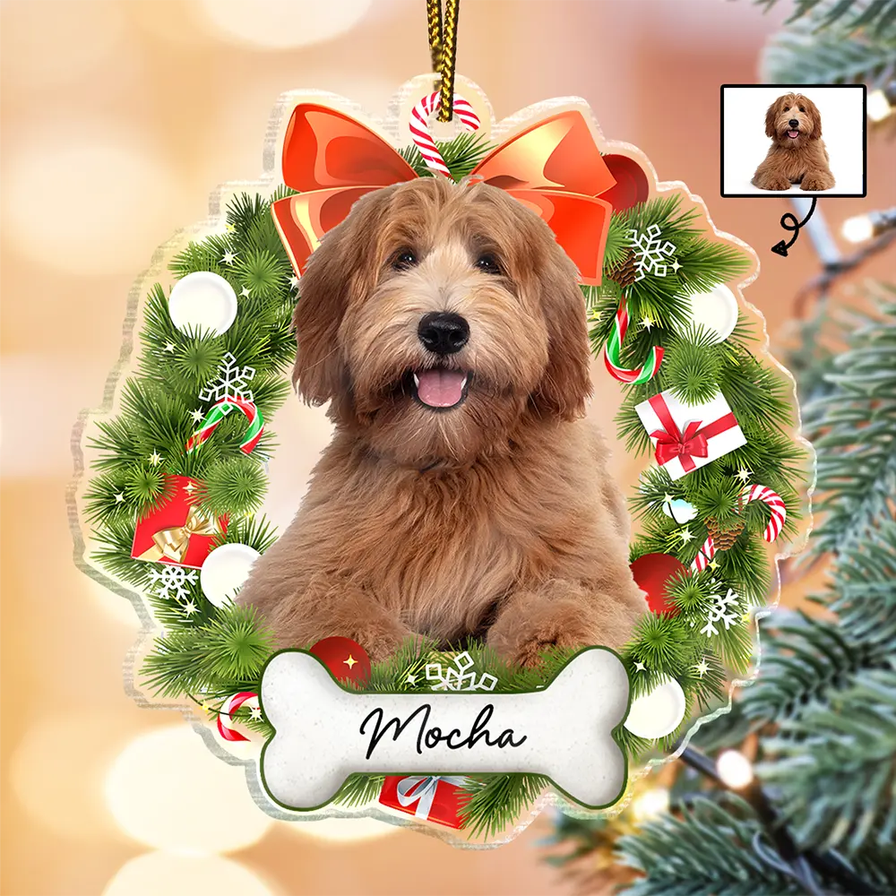 Custom Photo Christmas Wreath Dog First Year - Personalized Custom Shaped Acrylic Ornament