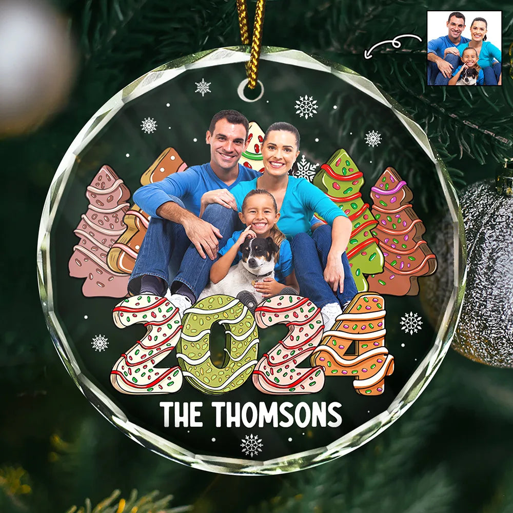 Custom Photo Family 2024 Cake, Cookie Trees Christmas - Personalized Circle Glass Ornament