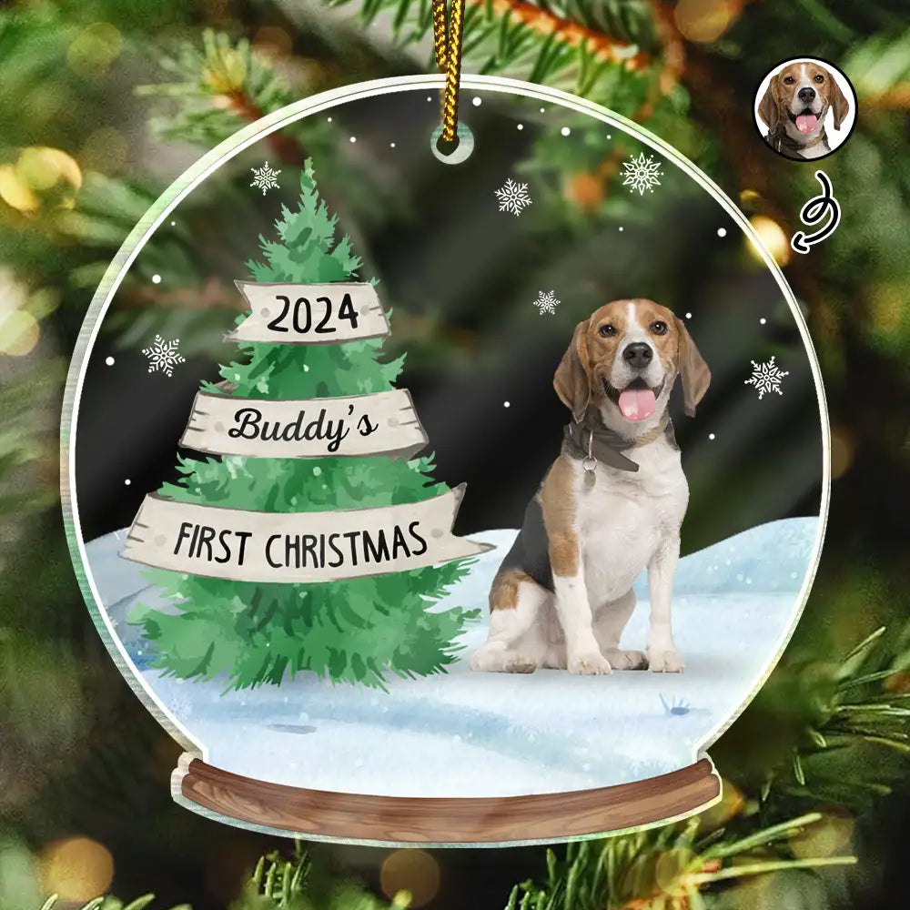 Custom Photo Family Dog Cat By Christmas Tree - Personalized Custom Shaped Acrylic Ornament