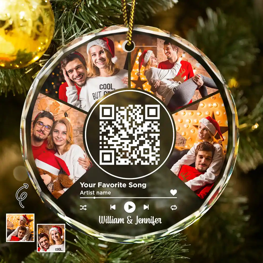 Custom Photo Favorite Song QR Code - Personalized Circle Glass Ornament