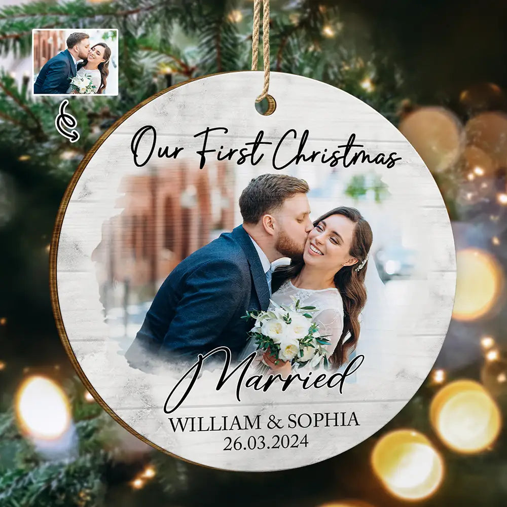 Custom Photo First Christmas As Mr & Mrs Couples - Personalized Custom Shaped Wooden Ornament