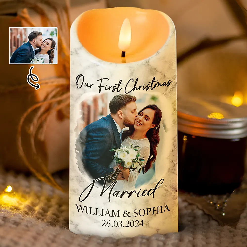 Custom Photo First Christmas As Mr & Mrs Couples - Personalized Flameless LED Candle