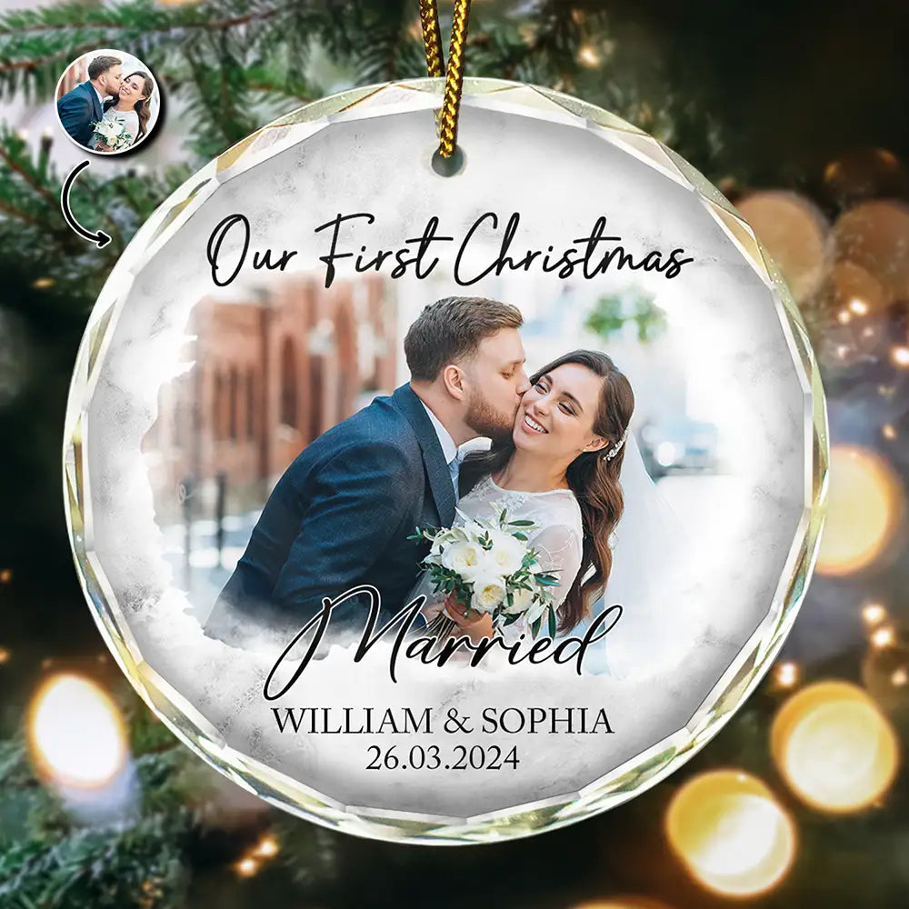 Custom Photo First Christmas As Mr & Mrs Couples - Personalized Glass Ornament