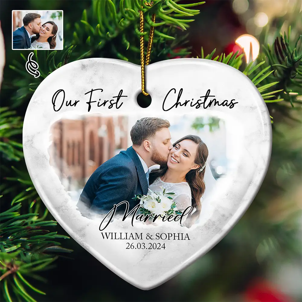 Custom Photo First Christmas As Mr & Mrs Couples - Personalized Heart Ceramic Ornament