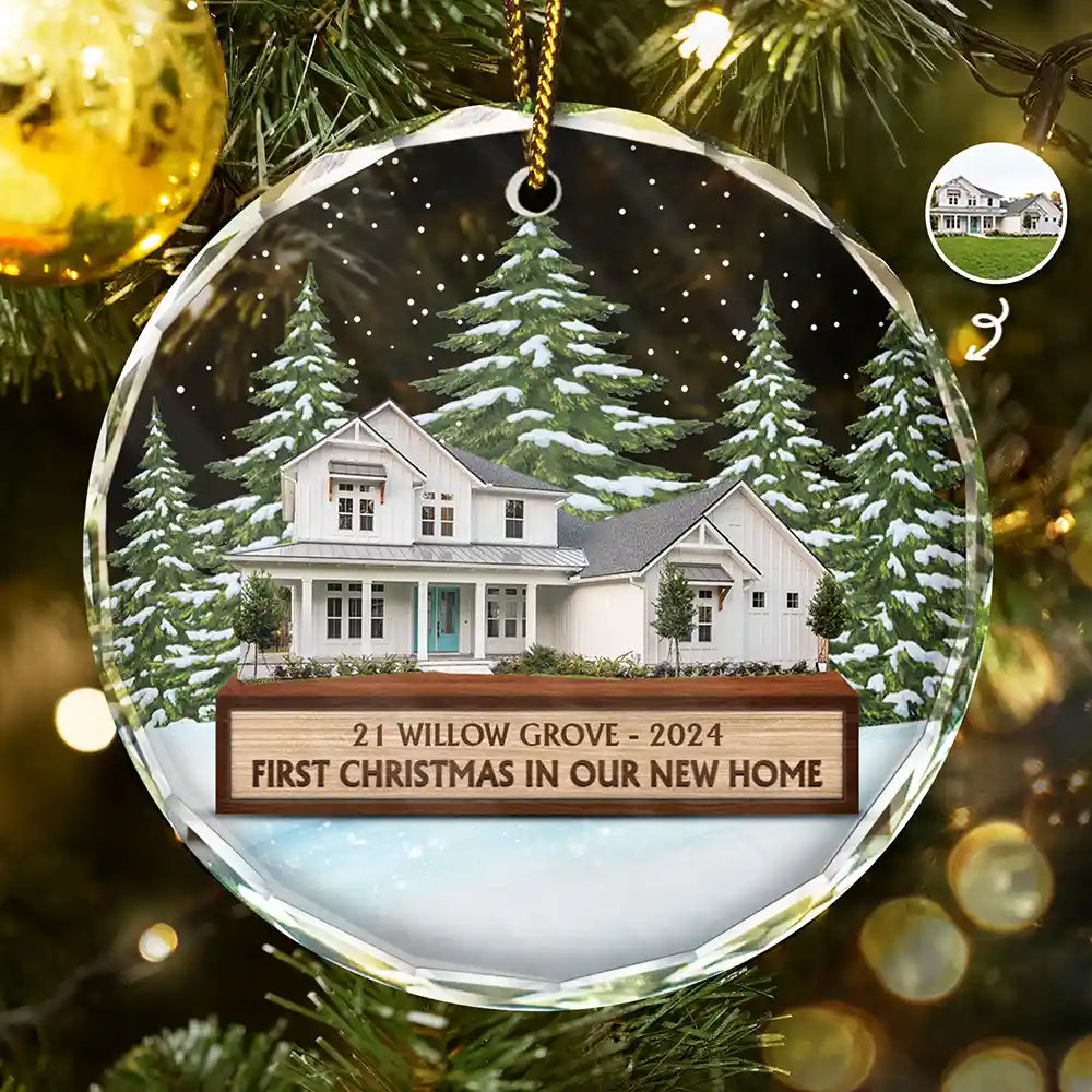 Custom Photo First Christmas In Our New House - Personalized Circle Glass Ornament