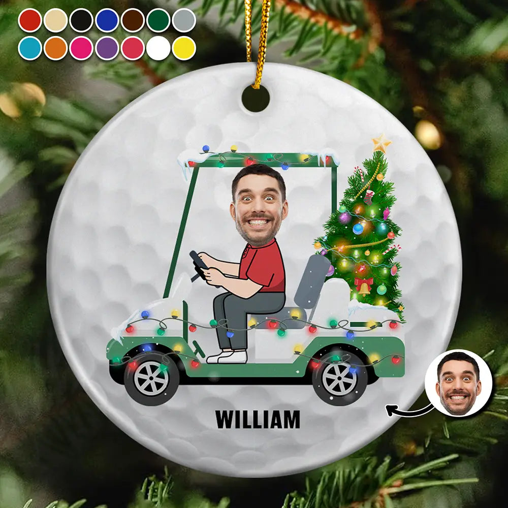 Custom Photo Funny Face Golf Cart - Personalized Circle Ceramic Ornament